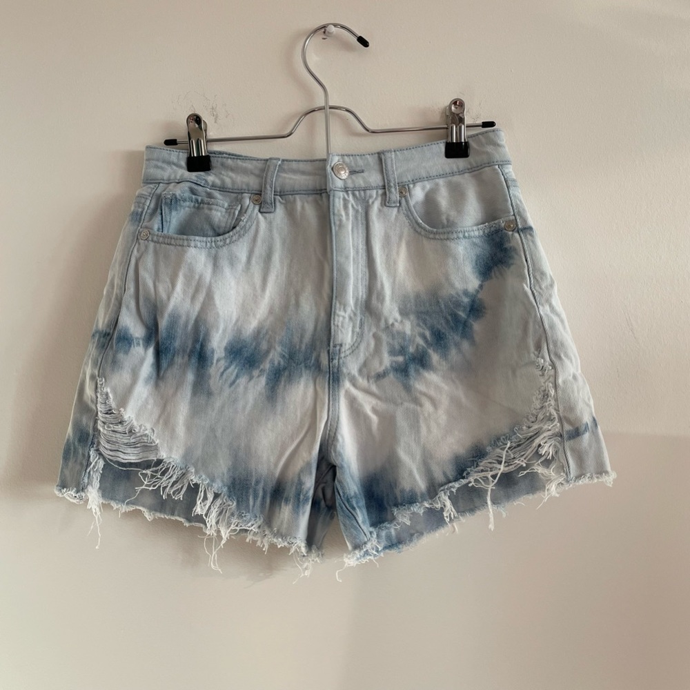 M- Tie dye distressed denim shorts